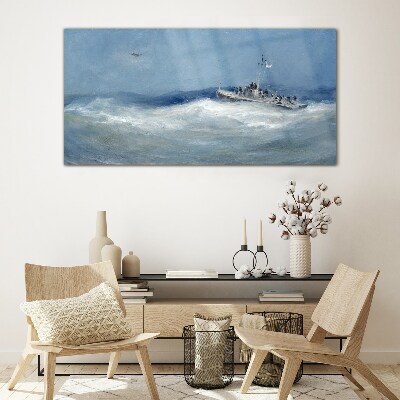 Foto op glas Stormachtige zee met een boot