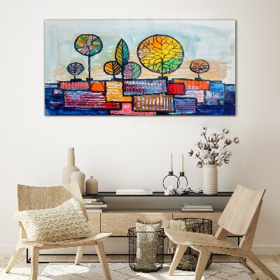Schilderij op glas Kleurrijke bomen in een abstract landschap