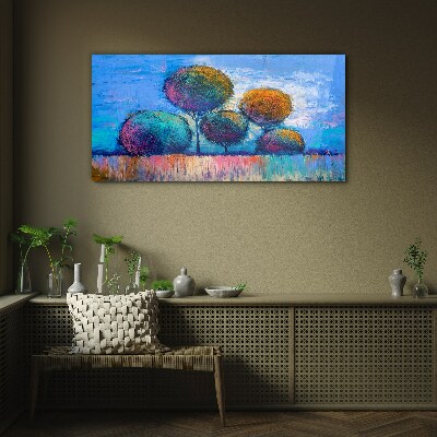 Schilderij op glas Kleurrijke bomen op een blauwe achtergrond