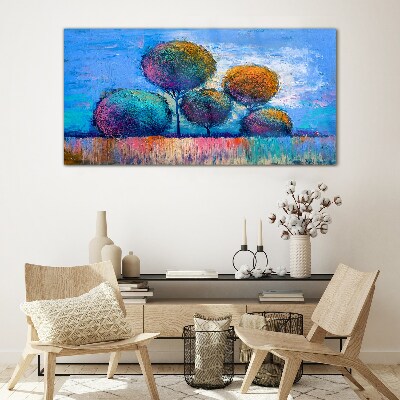 Schilderij op glas Kleurrijke bomen op een blauwe achtergrond