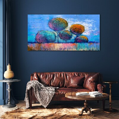 Schilderij op glas Kleurrijke bomen op een blauwe achtergrond