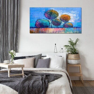 Schilderij op glas Kleurrijke bomen op een blauwe achtergrond