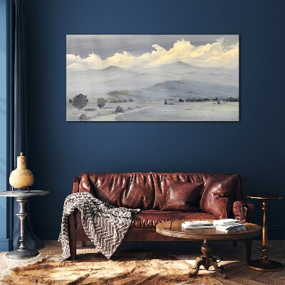 Foto op glas Mistig bergpanorama