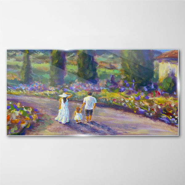 Foto op glas Een familiewandeling in een kleurrijke tuin