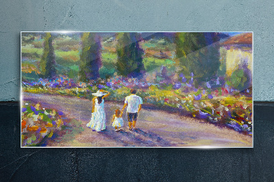 Foto op glas Een familiewandeling in een kleurrijke tuin