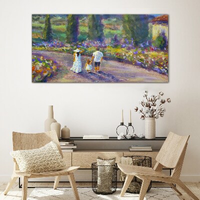 Foto op glas Een familiewandeling in een kleurrijke tuin