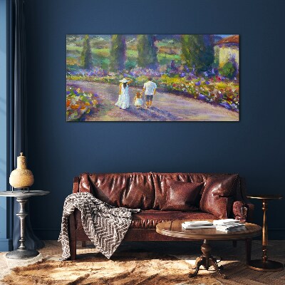 Foto op glas Een familiewandeling in een kleurrijke tuin