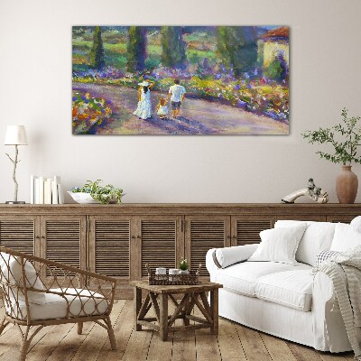 Foto op glas Een familiewandeling in een kleurrijke tuin