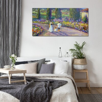 Foto op glas Een familiewandeling in een kleurrijke tuin