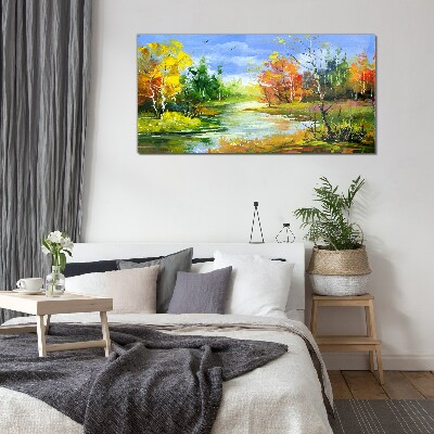 Schilderij op glas Herfstlandschap aan de rivier