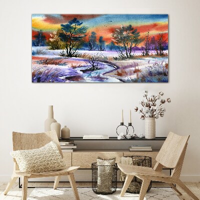 Glas foto Een winterlandschap in regenboogkleuren