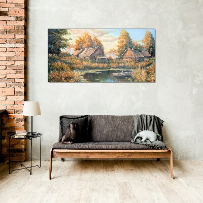 Glas foto Een vredig landelijk landschap in de ochtend