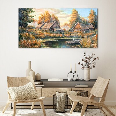 Glas foto Een vredig landelijk landschap in de ochtend