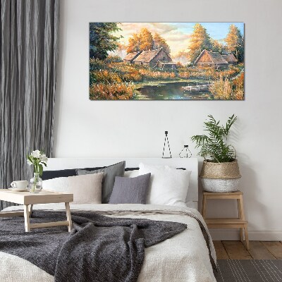 Glas foto Een vredig landelijk landschap in de ochtend