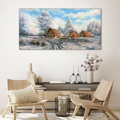 Schilderij op glas Winterlandschap met huisjes
