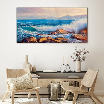 Foto op glas Golven aan de kust bij zonsondergang