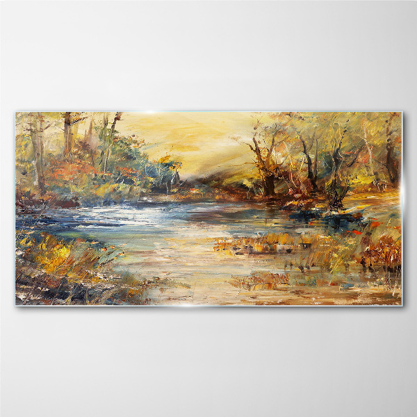 Schilderij op glas Herfstrivier in gouden kleuren