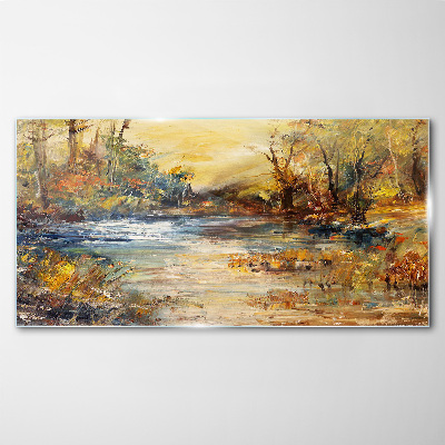 Schilderij op glas Herfstrivier in gouden kleuren