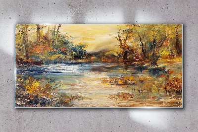 Schilderij op glas Herfstrivier in gouden kleuren