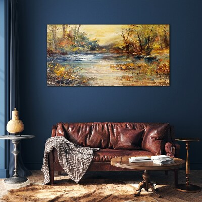 Schilderij op glas Herfstrivier in gouden kleuren