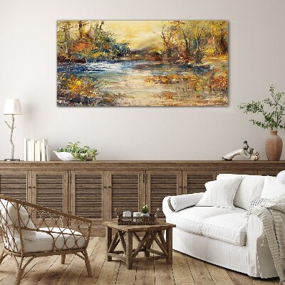 Schilderij op glas Herfstrivier in gouden kleuren