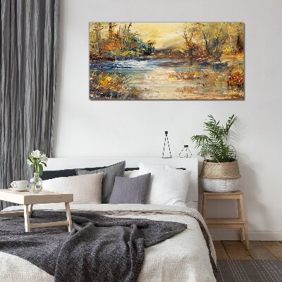 Schilderij op glas Herfstrivier in gouden kleuren