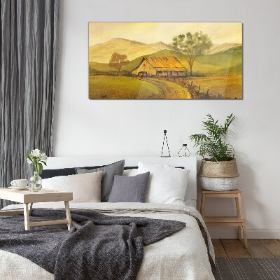 Schilderij op glas Een vredig landelijk landschap in de ochtend