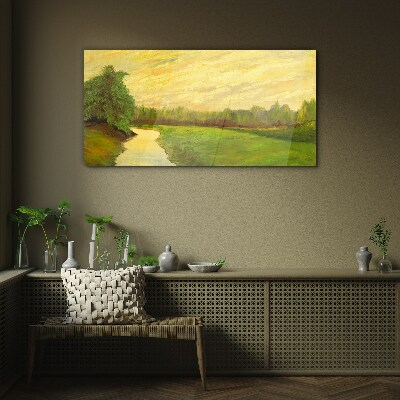 Foto op glas Een vredig landschap met een rivier en bomen