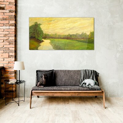 Foto op glas Een vredig landschap met een rivier en bomen