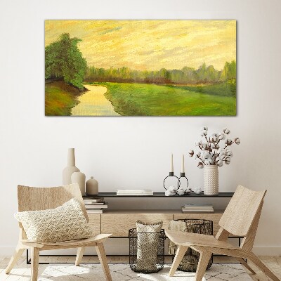 Foto op glas Een vredig landschap met een rivier en bomen