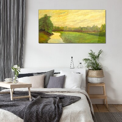 Foto op glas Een vredig landschap met een rivier en bomen