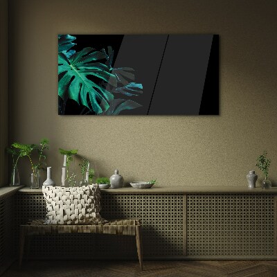 Foto op glas Groene bladeren op een zwarte achtergrond