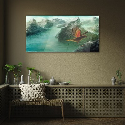 Glas foto Adelaar boven een bergmeer