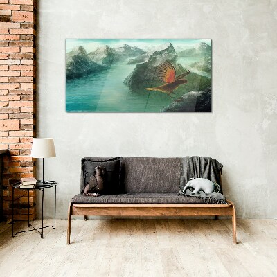 Glas foto Adelaar boven een bergmeer