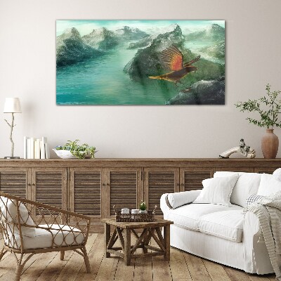 Glas foto Adelaar boven een bergmeer