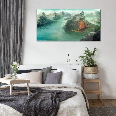 Glas foto Adelaar boven een bergmeer