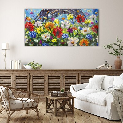 Glas foto Bloemenlandschap met de Eiffeltoren