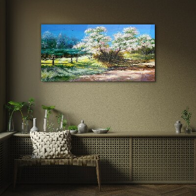 Glas foto Lentelandschap met bloeiende bomen