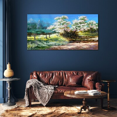 Glas foto Lentelandschap met bloeiende bomen