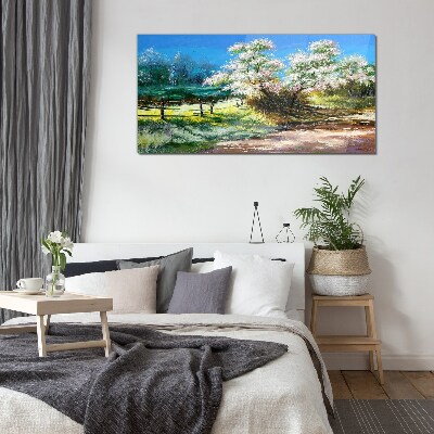 Glas foto Lentelandschap met bloeiende bomen