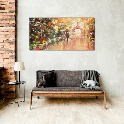 Glas foto Herfststeegje met paraplu's