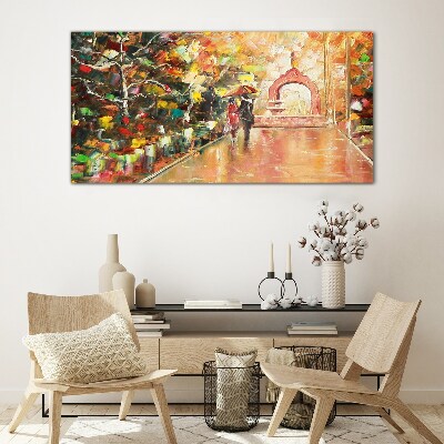 Glas foto Herfststeegje met paraplu's