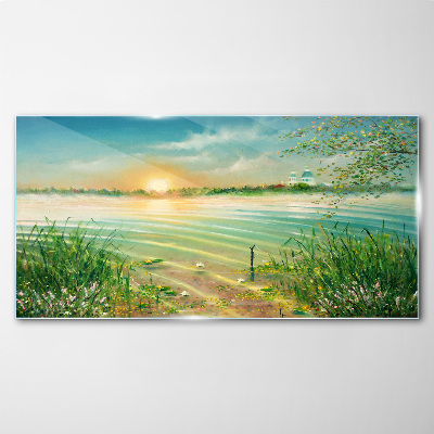 Foto op glas Een rustige ochtend aan het meer