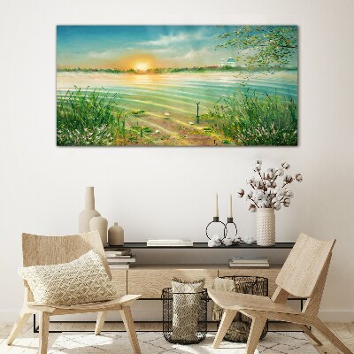 Foto op glas Een rustige ochtend aan het meer