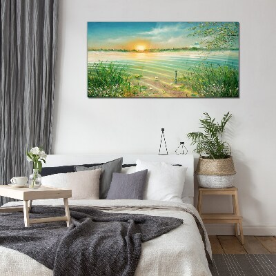 Foto op glas Een rustige ochtend aan het meer