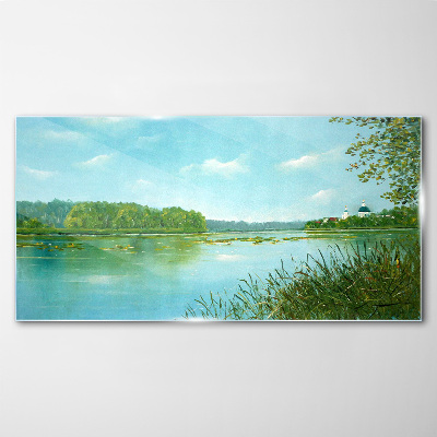 Schilderij op glas Een vredig landschap aan het water