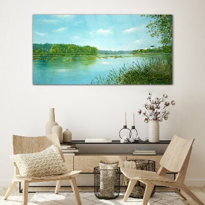 Schilderij op glas Een vredig landschap aan het water