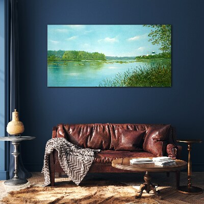 Schilderij op glas Een vredig landschap aan het water