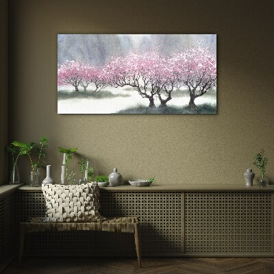 Schilderij op glas Bloeiende bomen in de lentemist