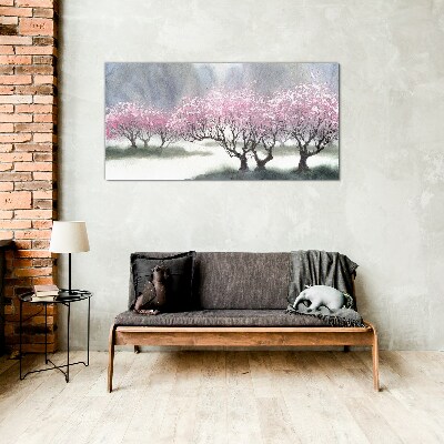 Schilderij op glas Bloeiende bomen in de lentemist